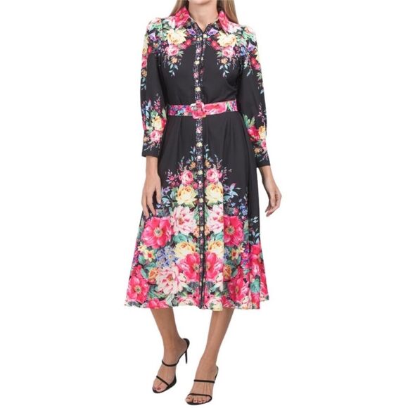 Dalia MacPhee Dress Large Black Pink Floral Button-Front Long Sleeve midi Size S - Picture 1 of 14